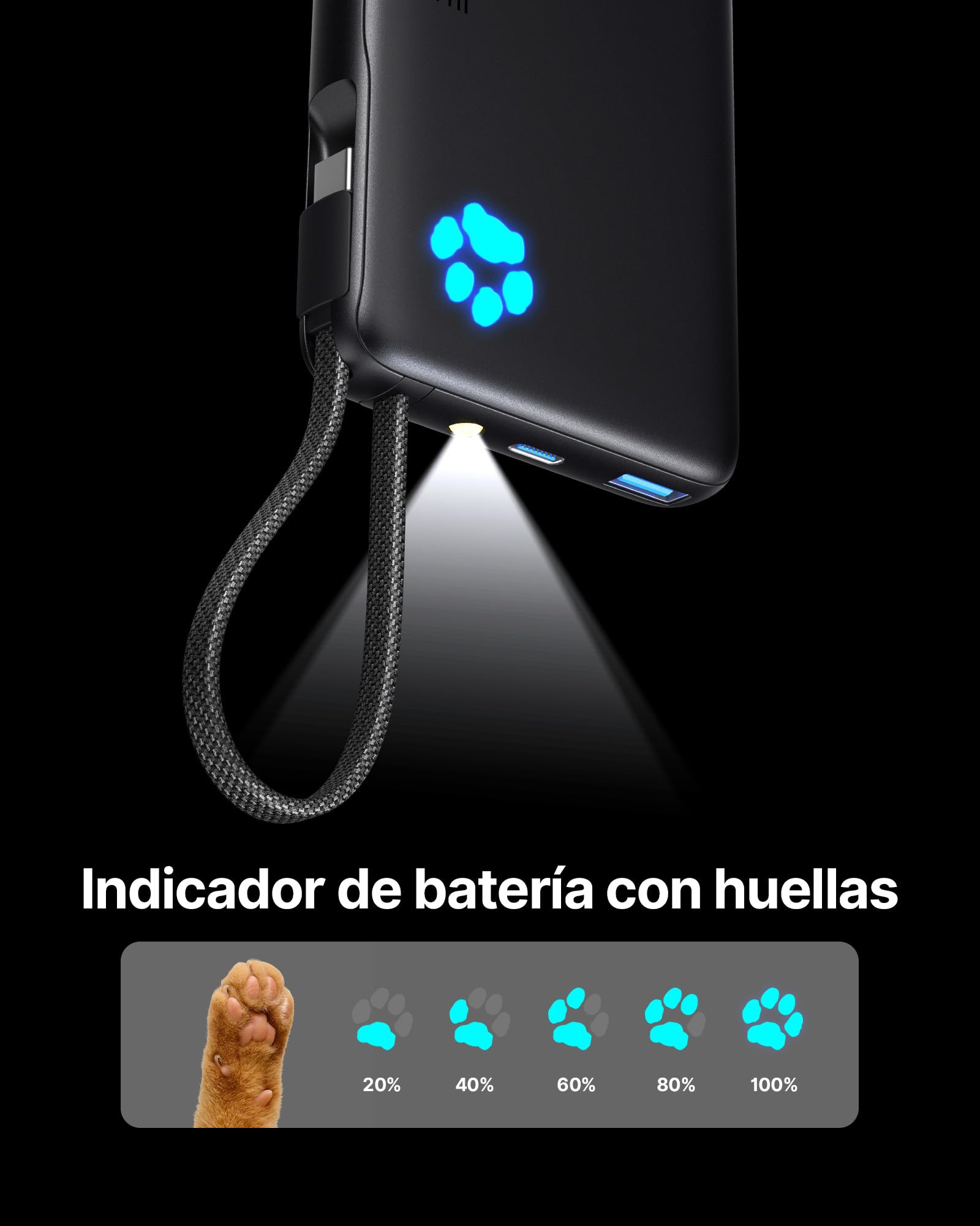 INIU Power Bank, 45W Bateria Externa Carga Rapida, Mini 10000mAh Cargador Portatil con Cable USB C Integrado, Apto para Avión, Bateria Portatil para iPhone 17 16 15 14 13, Samsung, Xiaomi, iPad, etc.