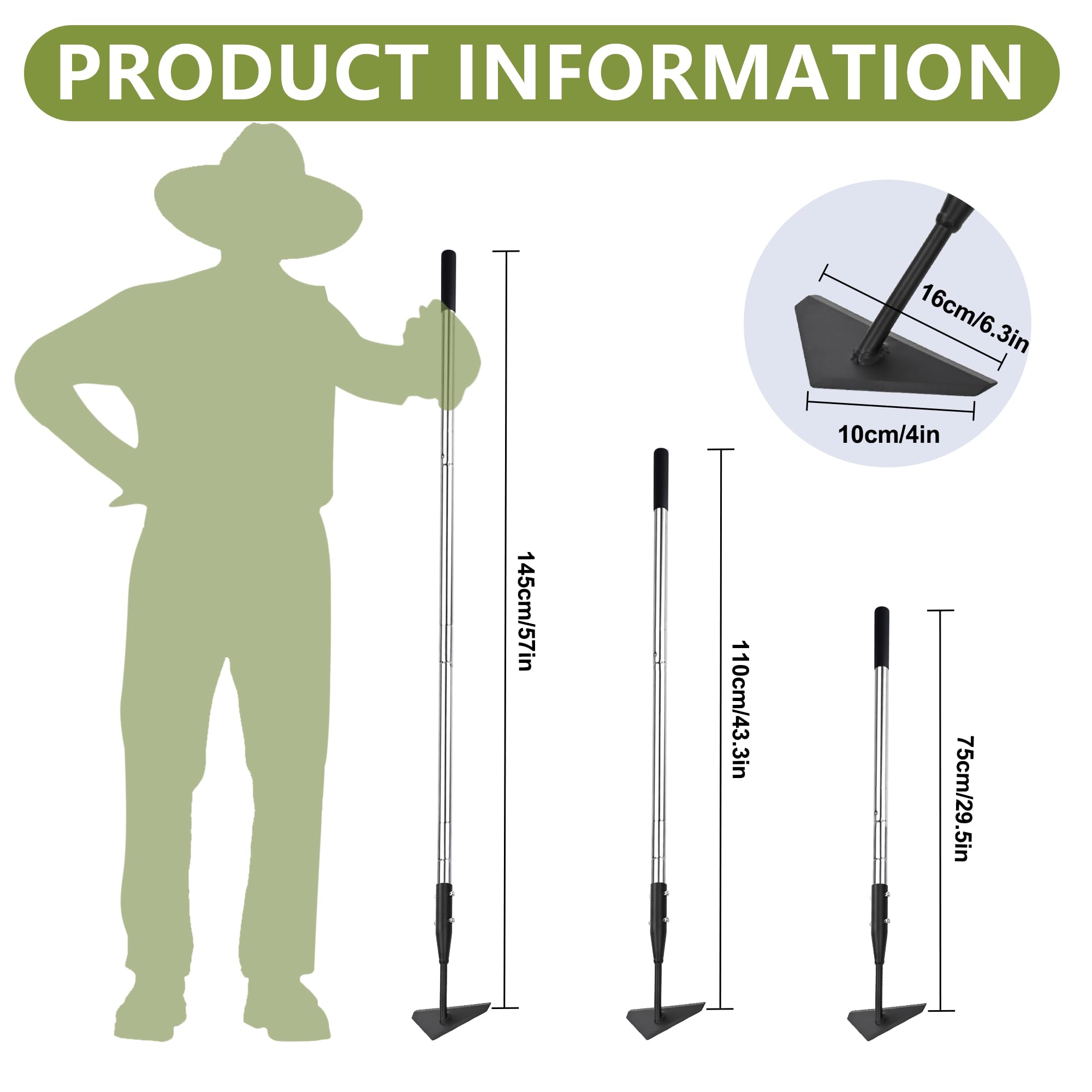 BARAYSTUS Triangle Garden Hoe, Carbon Steel Weed Remover Edger Lawn Tool with Stainless Steel Long Handle, Weed Puller Long Handle Hoe for Digging Weeding Hoeing Loosing Soil