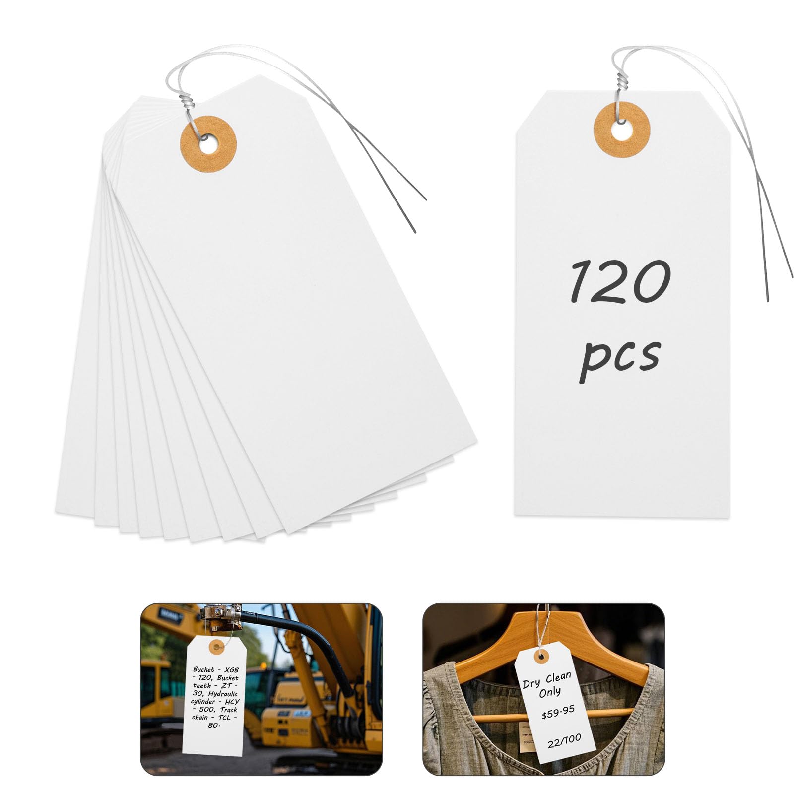 - SallyFashion White Pricing Tags with Wire, 120 PCS Manila Shipping Tags 4 3/4" x 2 3/8", Wire Labels for Garage Sales, Heavy Duty Machinery, Vintage Clothing, Jewelry Pricing