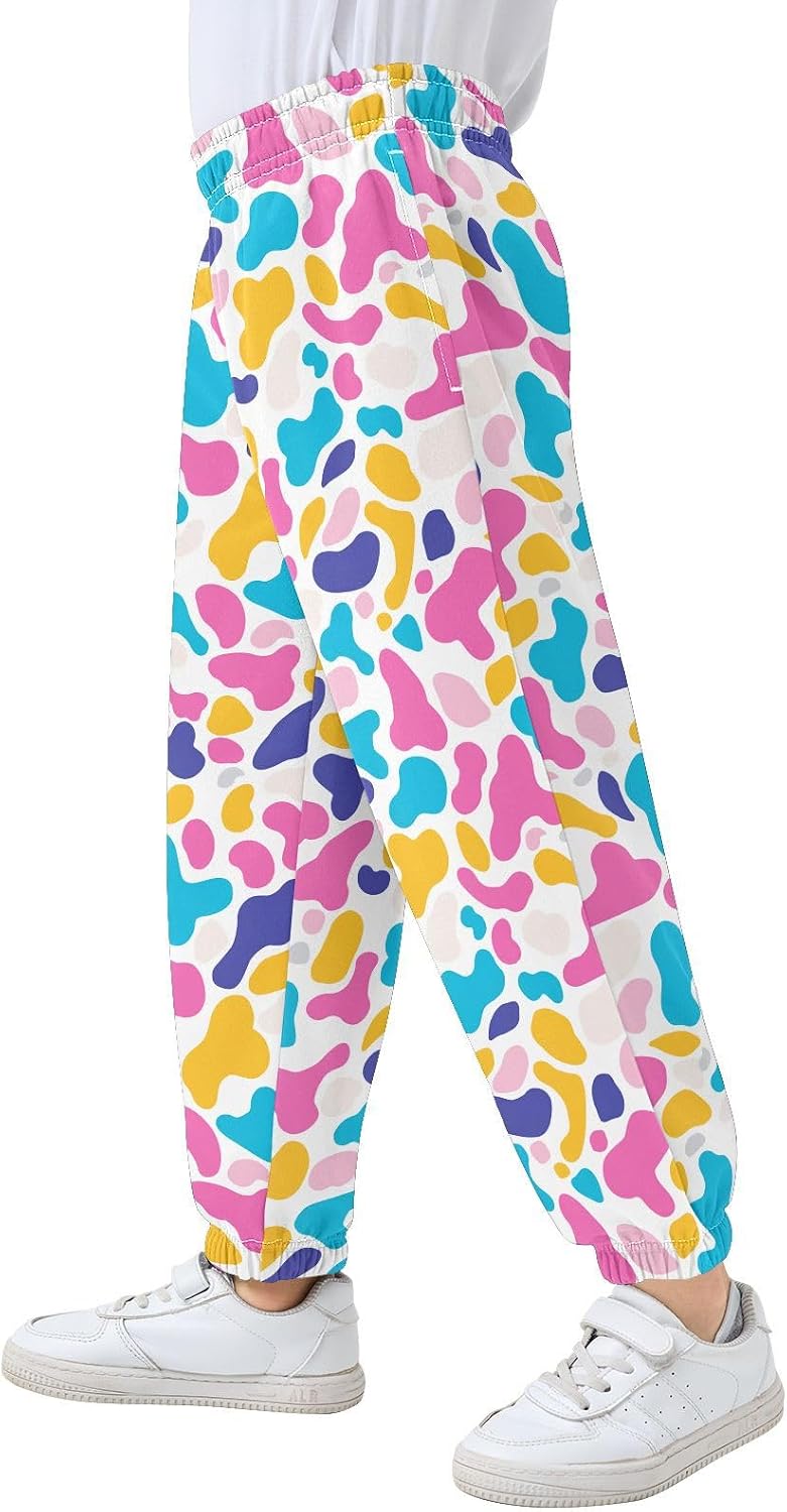 Boy Sweatpants Red Blue Cow Skin Colorful Joggers Casual Athletic Pants Kids Elastic Waist Cuffed with Pockets