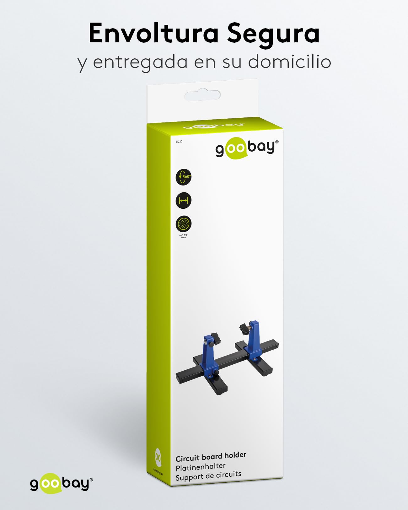 goobay Soporte ajustable para PCB/Soporte para PCB/Robusto soporte para soldar Para fijar PCBs y piezas de trabajo durante la soldadura y el trabajo artesanal/Rotación de 360, 51220