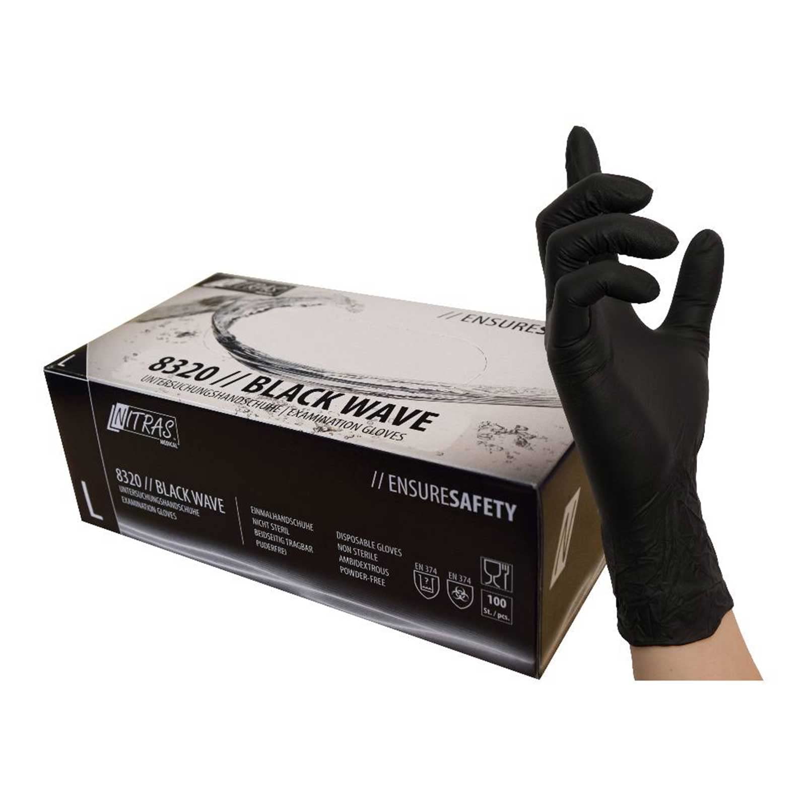 NITRAS Einmalhandschuhe 8320 Black Wave 10x 100 Stück - Einweghandschuhe puderfrei und extrem reißfest, perfekt in einer Box zum Dosieren, Größe:9