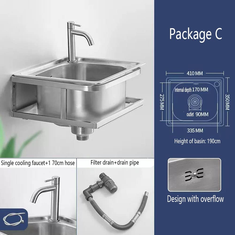Lavabo Colgante En La Pared, Fregadero Comercial De Acero Inoxidable Lavandería del Baño con Estante De Toallas Y Grifo Adecuado para Hoteles/Baños/Exteriores (Color : Silver-C, Tamaño : 41x35x1