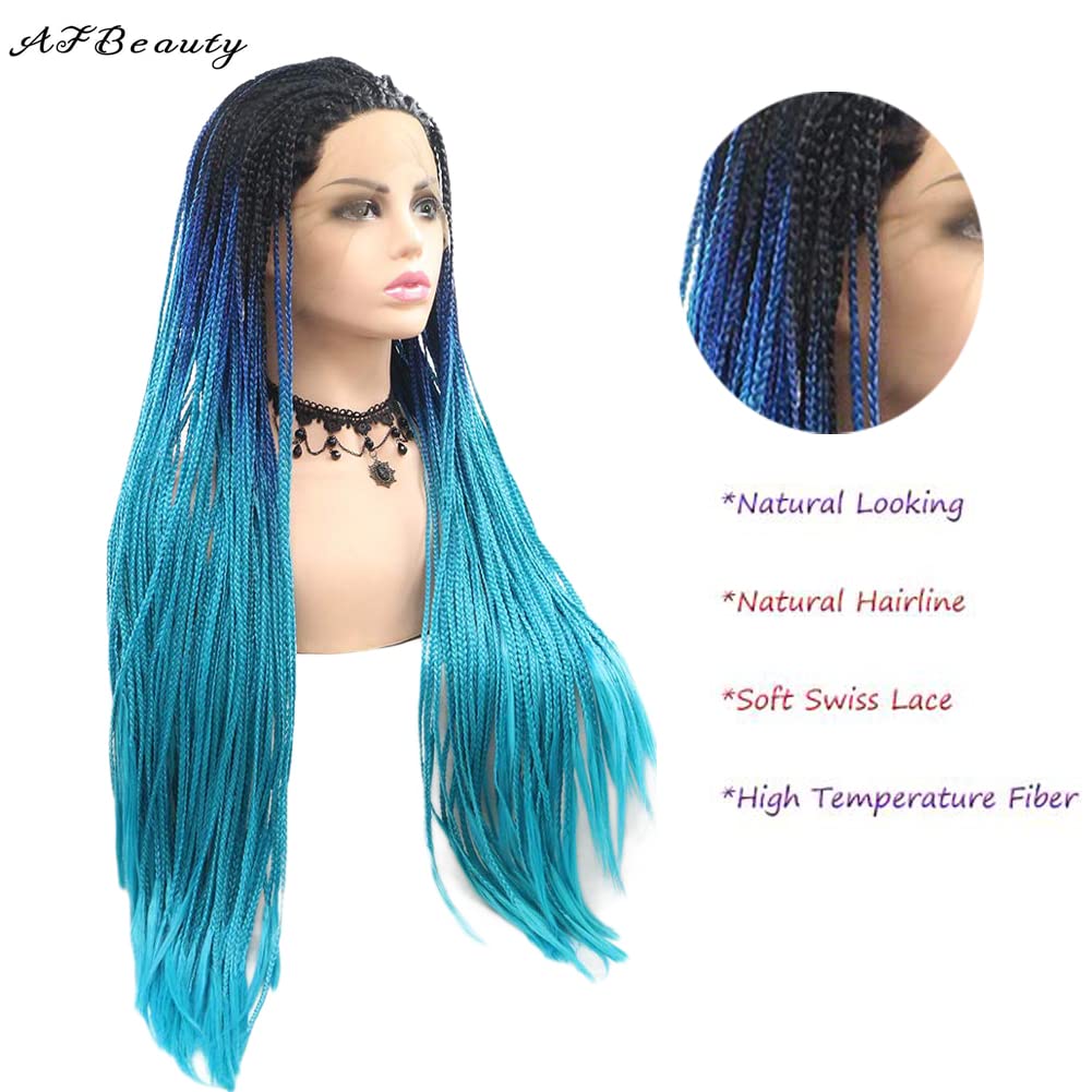 AFBeauty Black Omber Blue Braid Wig for Women Long Synthetic Multi-Color Micro Braided Lace Front Wig Heat Resistance Fiber Afro Braided 26 Inch - Image 4