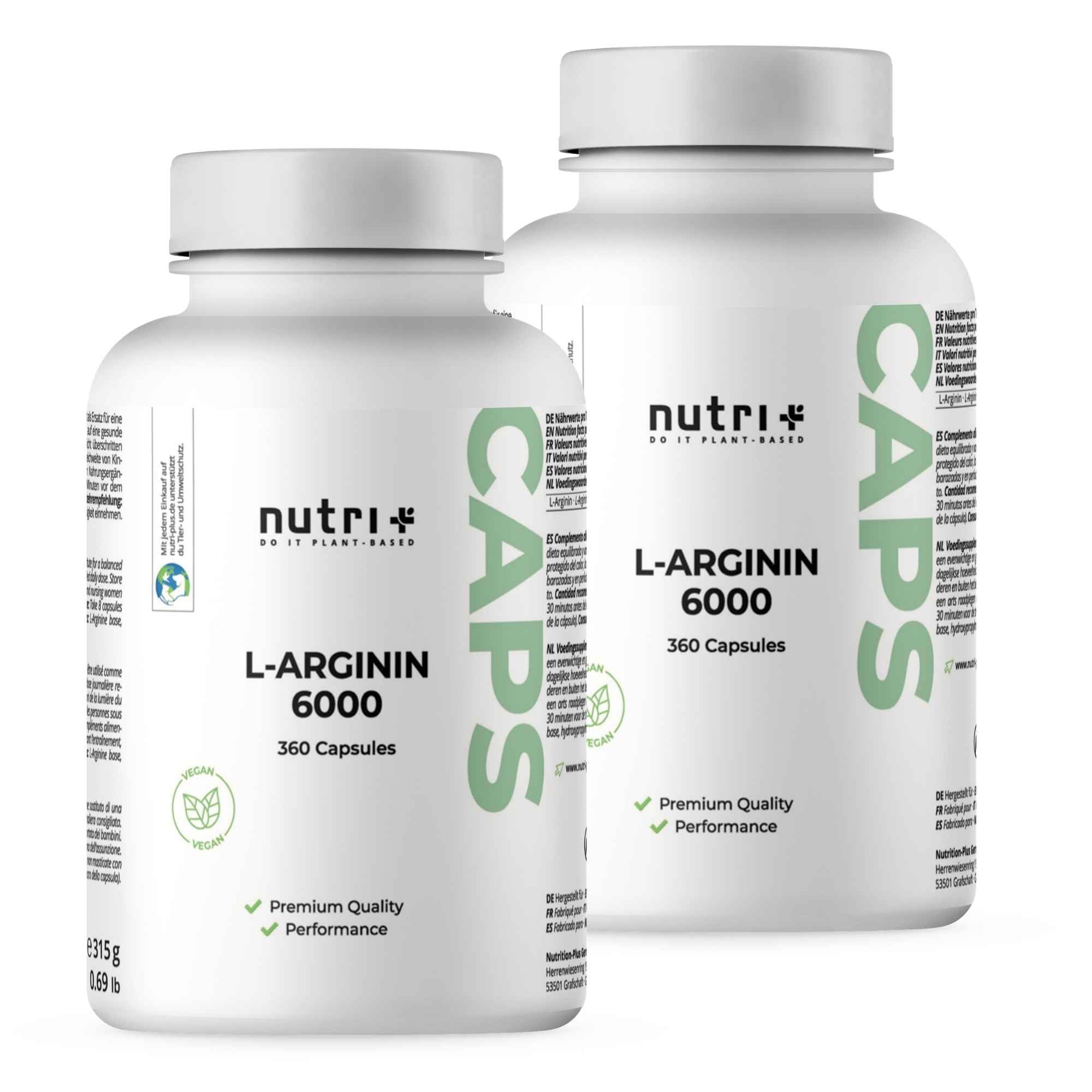 Nutri + L-Arginin Base Kapseln vegan hochdosiert fermentiert laborgeprüft - 360 Caps - 6000 mg 100% reines pflanzliches L-Arginine für Männer & Frauen (720 Stück (2er Pack))