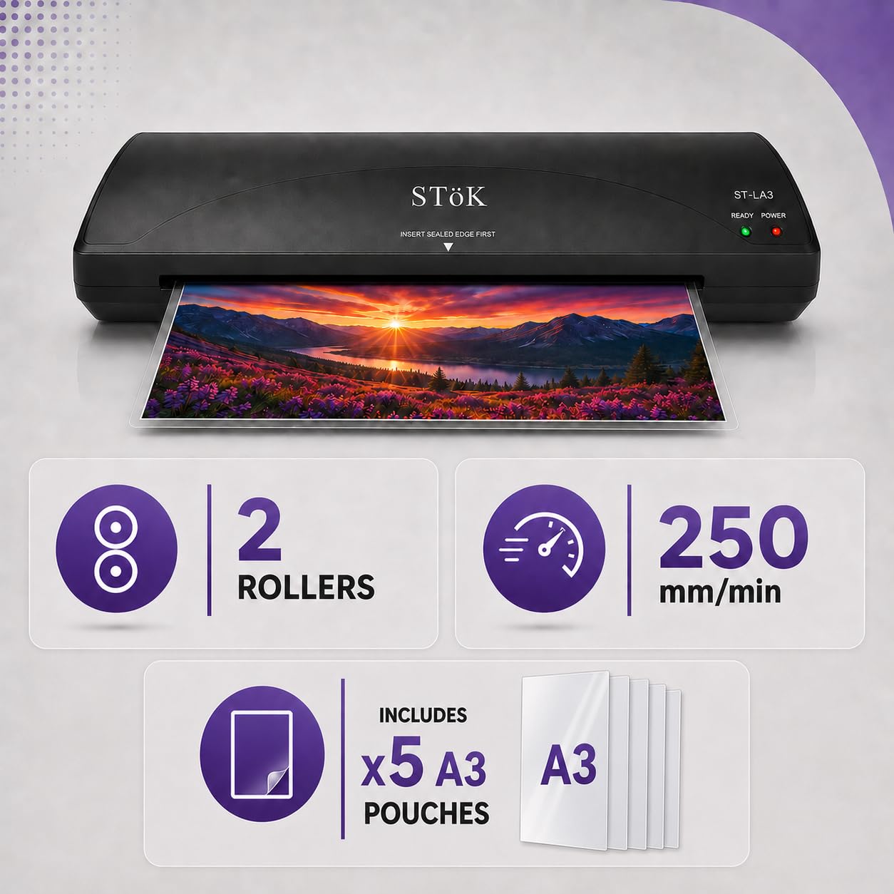 SToK (ST-LA3) 12-Inch Dual Mode Lamination Machine for Home, Office & School with Hot & Cold Functions | Fits All A3 & A4 Pages (1 Year Warranty) 1