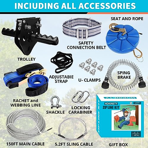 Hokinety 150FT ZIPLINE For Backyard Outdoor With 100% Rust Proof Removable Trolley Swing Seat Safety Harness Spring Brake thumb #4