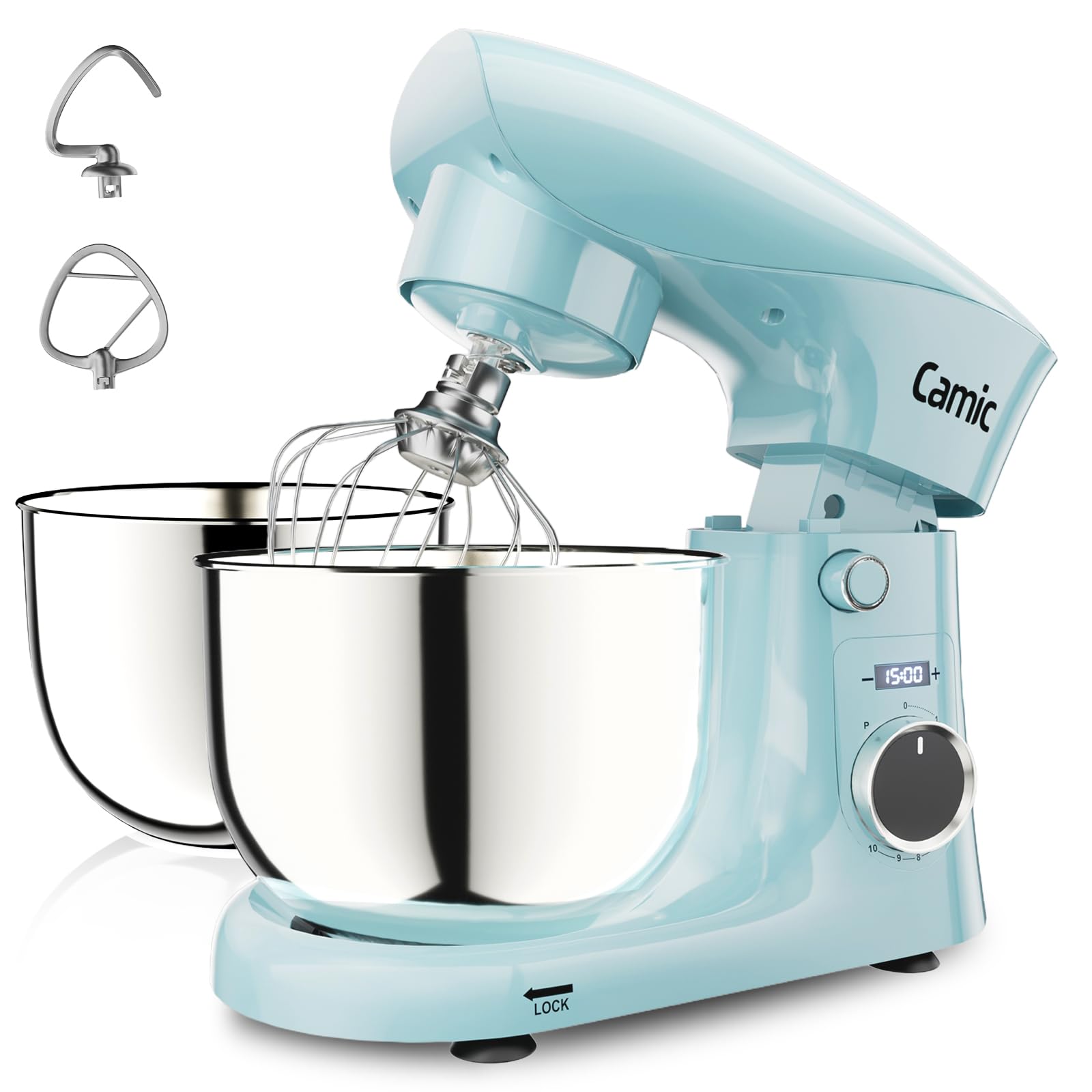 Camic Robot Pâtissier avec 3 Accessoires (Pétrissage, Mélange, Fouet), Robot Patissier avec écran LED, Minuterie, 10 Vitesses, 2 Bols en Acier Inoxydable (4 L + 5 L), pour Pâte, Pain, Pizza, Pâteaux