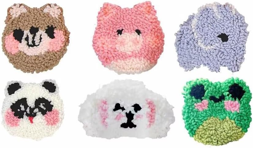 Punch Needle Coaster Kit 6 Patterns Cute Animal Tufted Rug Pads, DIY Needle Punch Coaster Kit for Adults Beginners with Adhesive Felt Yarns Embroidery Hoop Tools Instruction