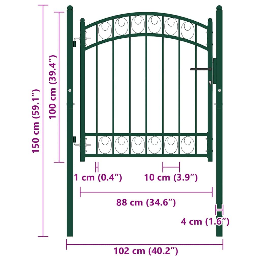 vidaXL Puerta de Valla EMMEN con Arco Superior Cancela Valla Verja Patio Entrada Exterior Cerca Cerradura Robusta Estable Duradera Acero Verde 100x86 cm