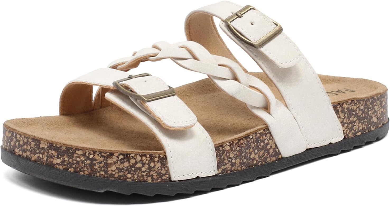 Women's Cork Footbed Sandals with Arch Support Comfortable Adjustable Straps Braided Sandal with Double Buckles, Non-Slip Slip-On Slide Sandals for Summer Water Resistant Slides Footwear