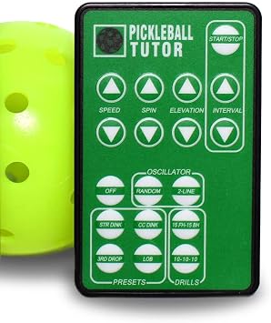 Pickleball Tutor Plus Ultra Model Ball Machine w/Multi-Function Remote. Variable TOPSPIN/Backspin. Speed 65 MPH. Includes PRESET Shots and Drills. Made in USA by #1 Pickleball Machine Company.