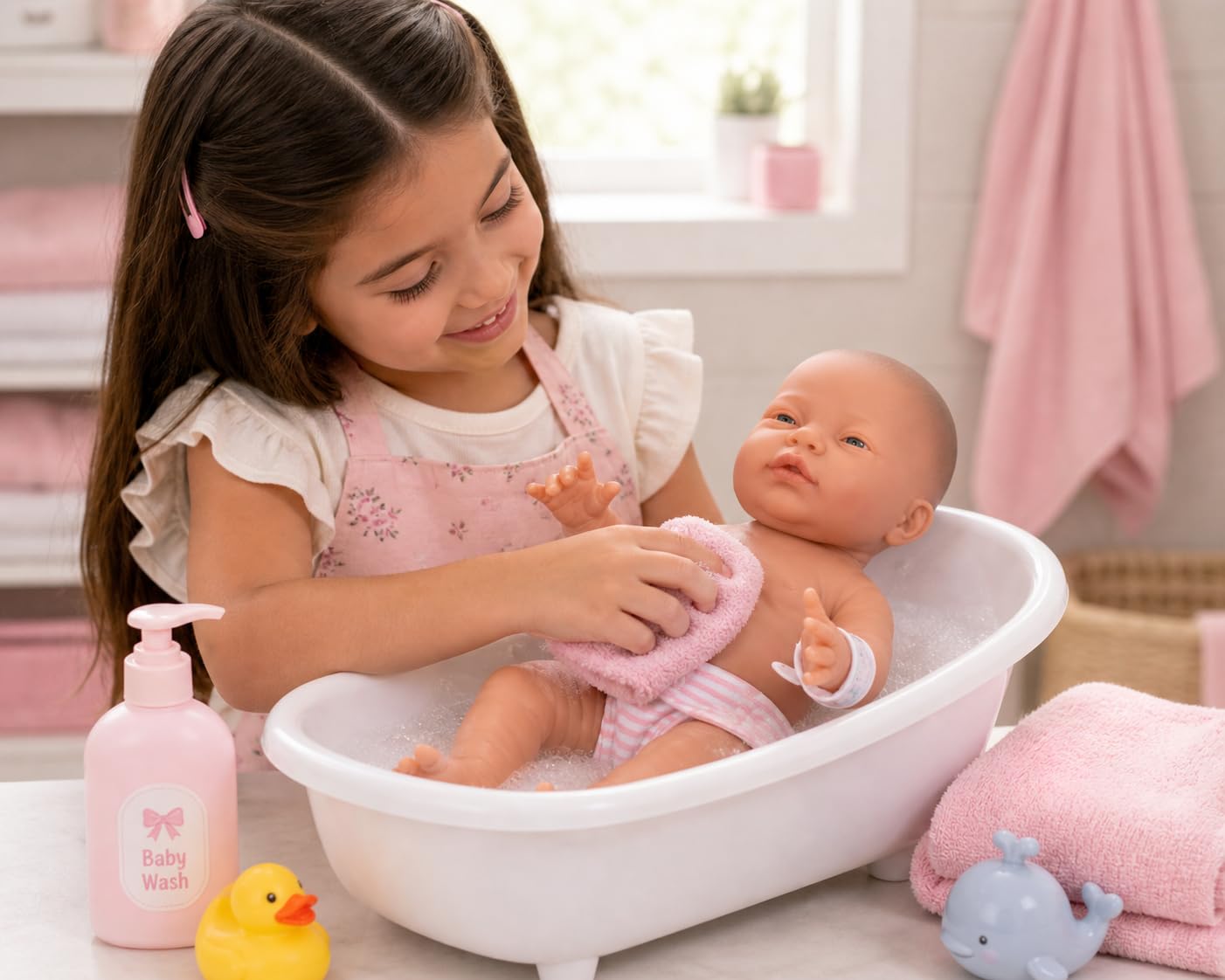 JC Toys 38,1 cm realistische Babypuppe für Neugeborene, hergestellt in Spanien, weicher Vinylkörper mit Zubehör, rosa gekleidet