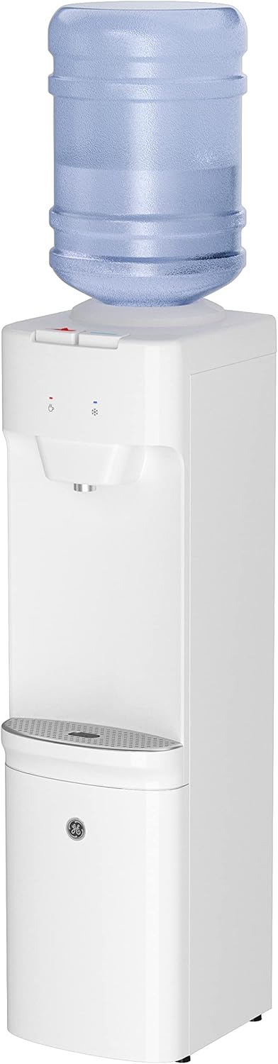 GE Top-Loading Hot and Cold Water Dispenser | 5 Gallon Water Cooler for Home or Office | 2 Temperature Settings | Taller 13" Dispenser Height | Freestanding with Child Safety Lock | White Top-Loading White Freestanding With Child Safety Lock