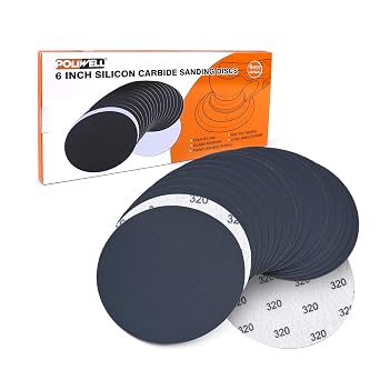 POLIWELL 20 Pack 6 Inch 150mm Silicon Carbide Sanding Discs | 320 Grit Hook & Loop, Heavy Duty Waterproof Wet Dry Round Flocking Sandpaper for Grinder Polishing Accessories