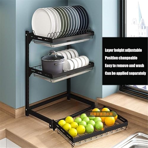 Miniatura 5 de Estante de secado de platos de 3 niveles ajustable de cocina con tabla de drenaje extraíble, cromo resistente de gran capacidad, organizador de