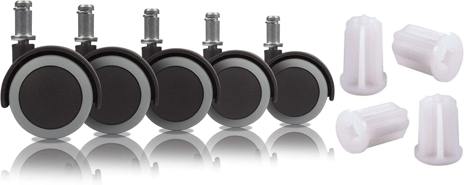 Slipstick Floor Protecting Rubber Office Chair Caster Wheels for Furniture, Casters for Office Chair Wheels, 2 Inch, Set of 5, Black/Gray Bundle with Plastic Furniture Socket, 7/8 Inch Caster Sockets
