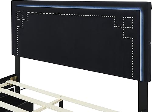 Miniatura 94 de Elegante cama con plataforma tapizada de terciopelo de tamaño Queen con cabecero, para niños, niñas y adolescentes (beige @cabecero/, Queen)