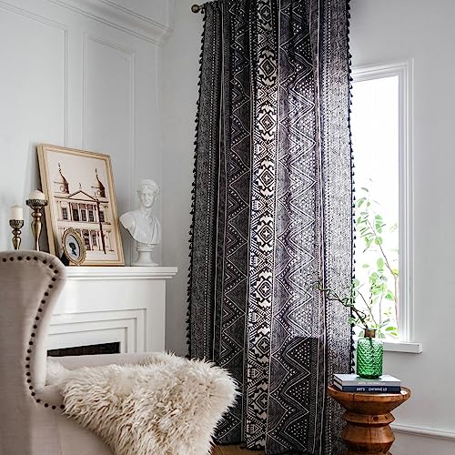 Rideaux 300x180cm noir à oeillets imprimé géométrique en coton lin - 2