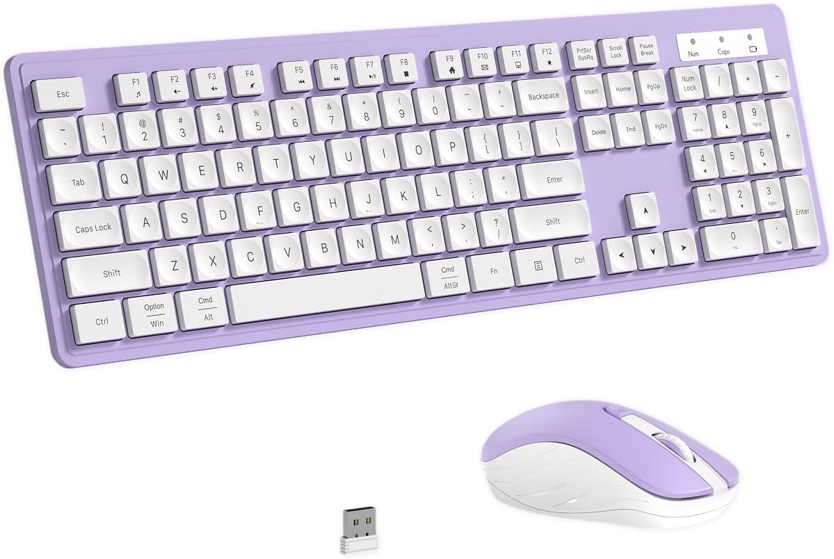 Wireless Keyboard and Mouse, 2.4GHz Cordless Keyboard Mouse Combo, Optical Mouse, Plug and Play USB Receiver, Compatible with Windows, Mac, Laptop, and PC（White Purple）