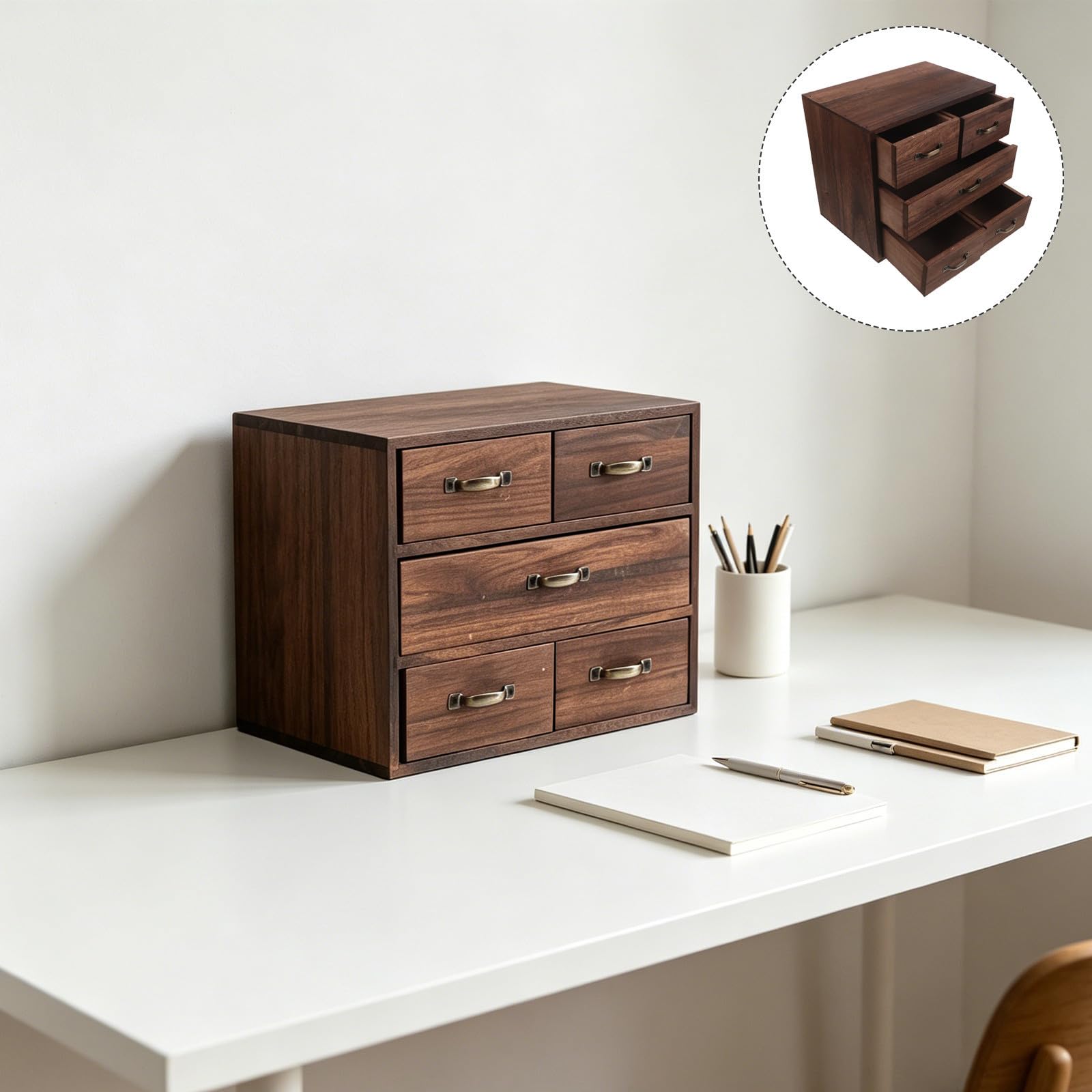 Organizer da Scrivania in Legno con 5 Cassetti Multilivello, Struttura Stabile e Design Naturale per Vanità e Camera