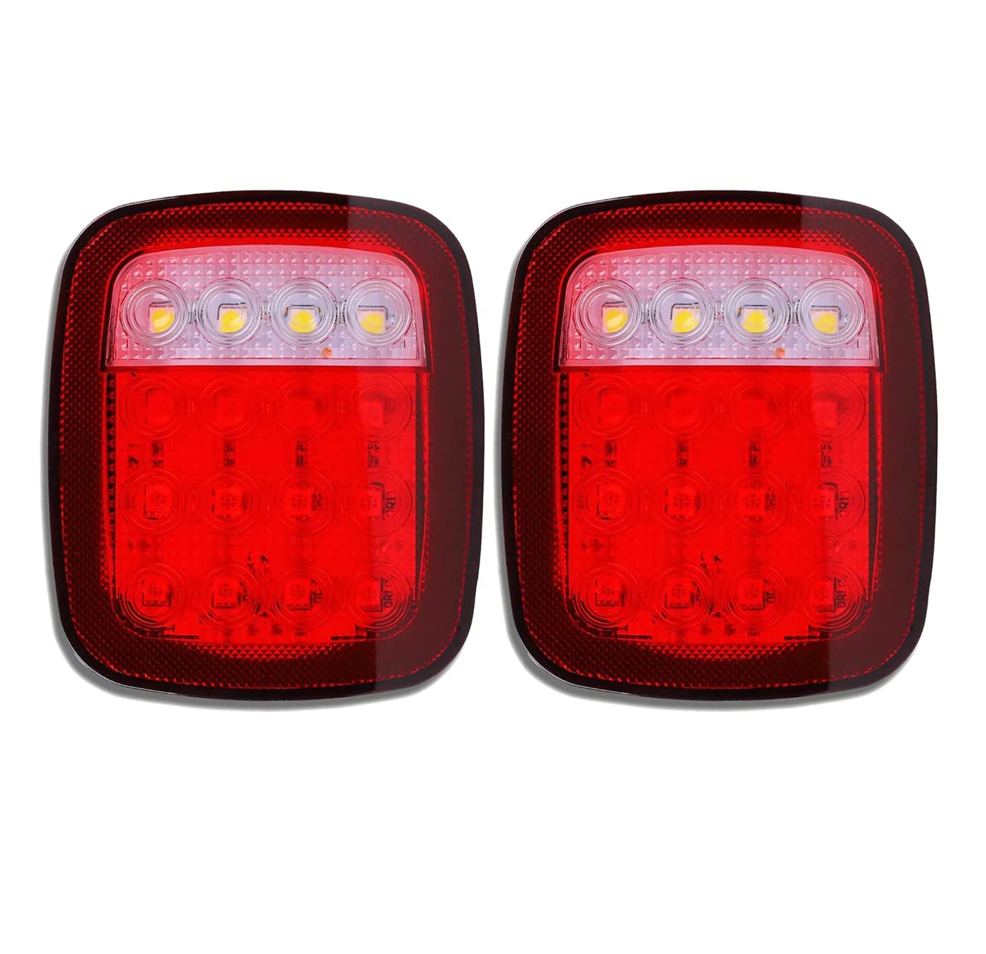 2 PCS 16 LED Universal Tail Lights, 12V Stop Tail Turn Signal Backup Reverse Brake Clearance Marker Lights for Trailer Truck RV Caravan Jeep Wrangler YJ TJ CJ, Red/White