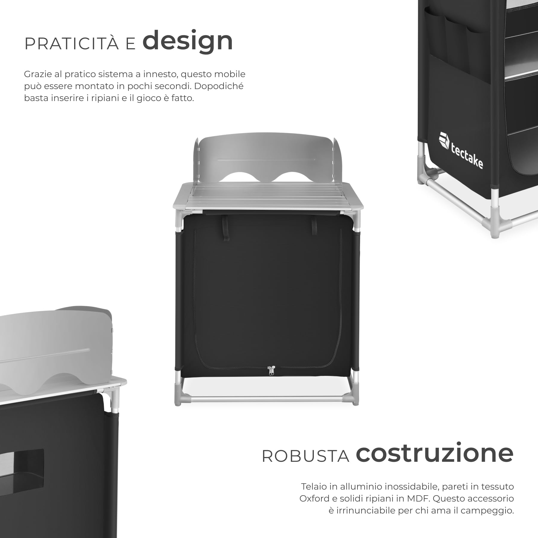tectake® Cucina da Campeggio, Struttura in Alluminio, Mobile da Campeggio, Piano di Lavoro e Ripiani Portaoggetti, Cucina da Esterno per Fornello a Gas, Borsa Trasporto