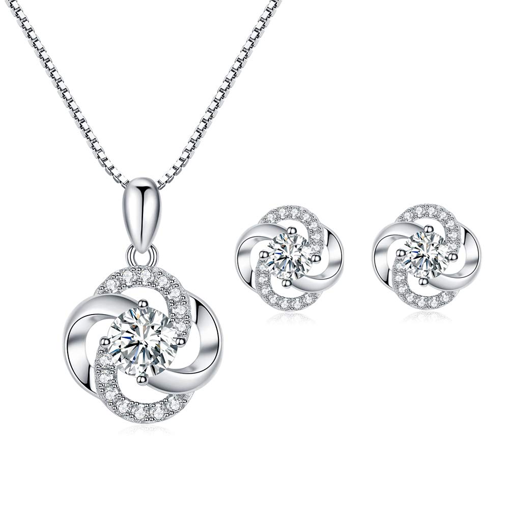 PRETTERY Silver Jewellery Sets, Hypoallergenic Sterling Silver Flower Stud Earrings & Clover Pendant Necklace With 5A Cubic Zirconia
