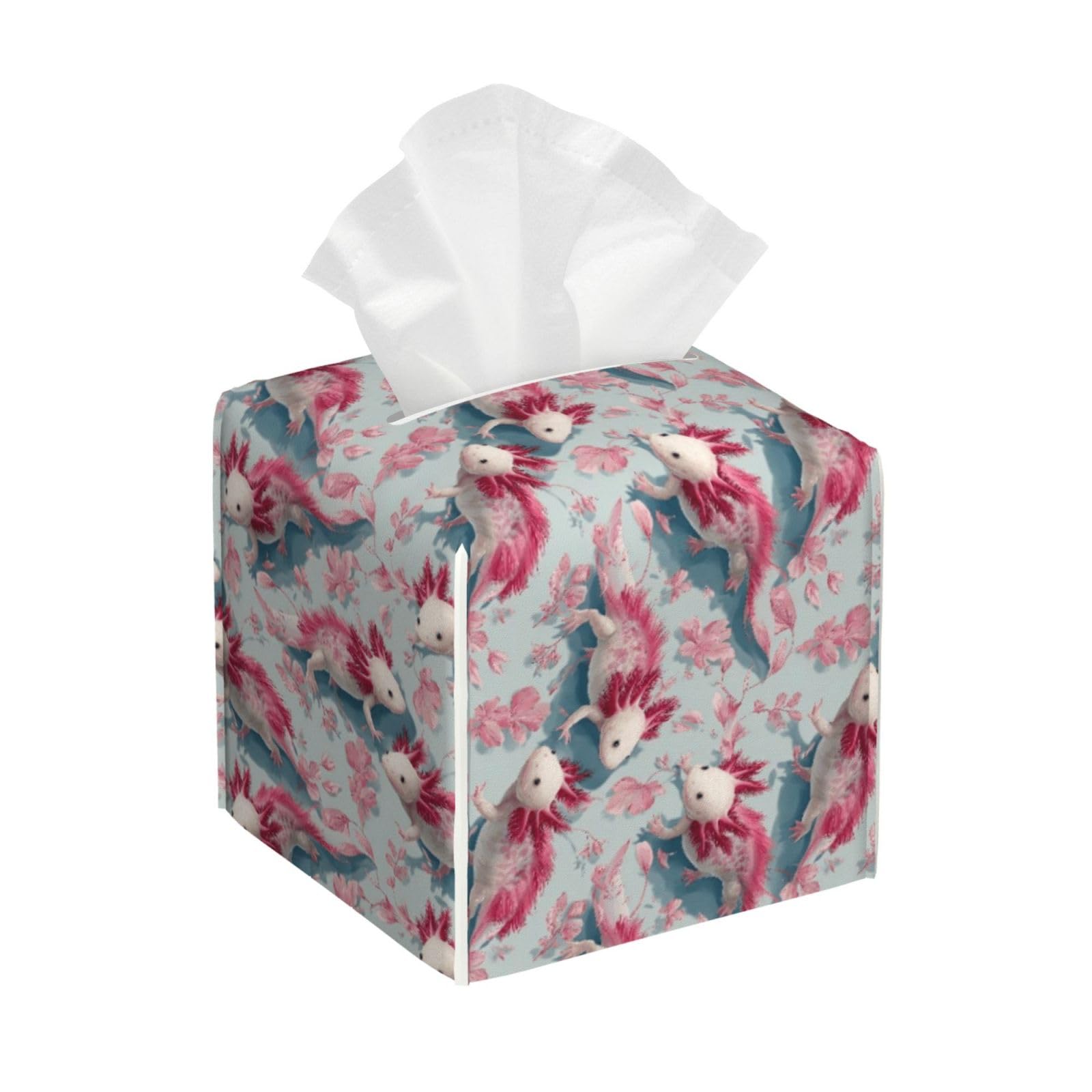Pink Axolotl FloralPrint Tissue Box Cover Holder Square, Foldable Modern Cube Tissue Box Cover, Leather Decorative Organizer for Tabletop Bathroom Car Office Desk Decor