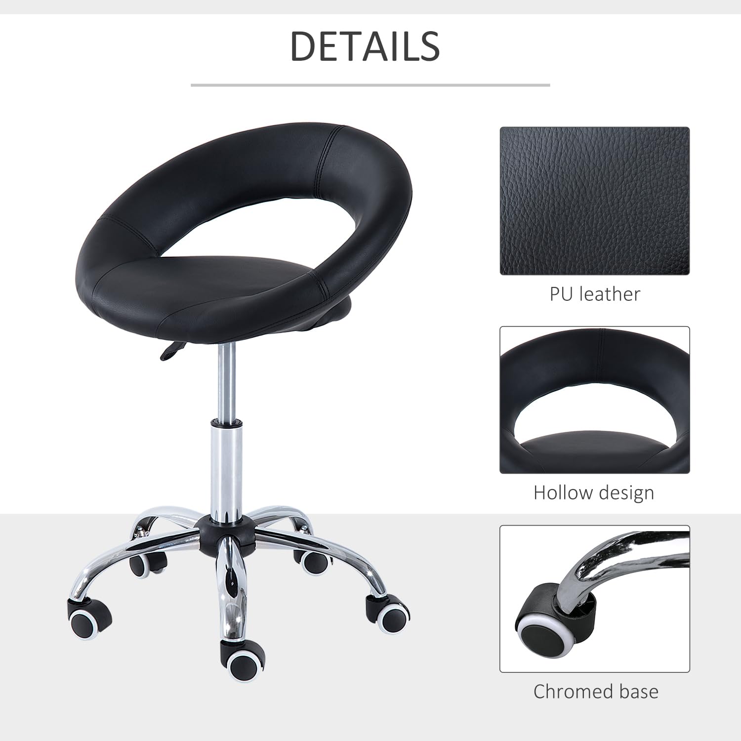 HOMCOM Crescent Rolling Salon Stool, Adjustable Height, Black