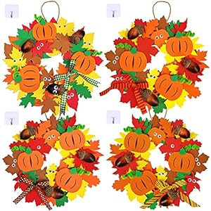 Supla 12 Kits 3D Pumpkin Fall Leaf Wreath Craft Kit DIY Thanksgiving Wreath with Maple Leaves Acorns Bows Wiggle Eyes for Kids Crafts Fall Thanksgiving Halloween Seasonal Decoration