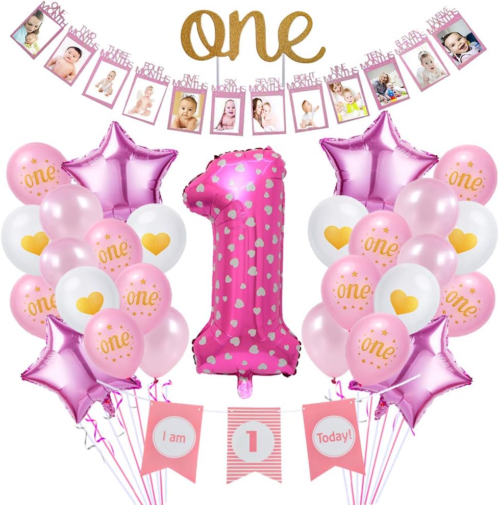 SULOLI 1st Baby Girl Birthday Party Decoration Supplies Include 0-12 Baby Month Banner I Am One Banner Cake Topper Foil 1 Balloons for Girl (Pink)