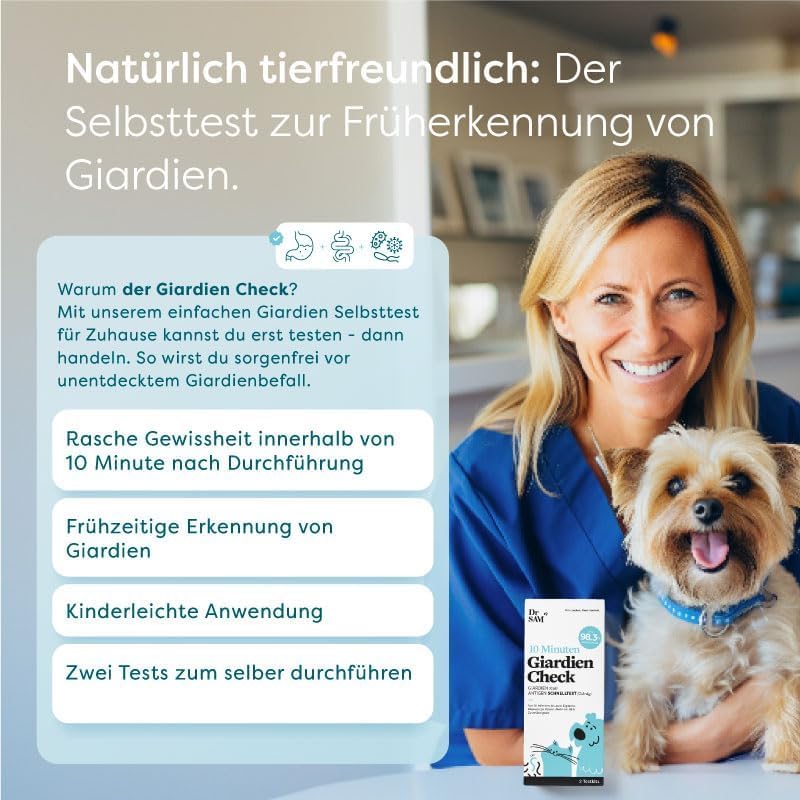 Dr. SAM Giardien Schnelltest für Hunde und Katzen - inklusive Tierarzt-Beratung, 1 Giardien-Test für zuhause, bei Darmparasiten und Durchfall, schnelles Ergebnis und hohe Zuverlässigkeit