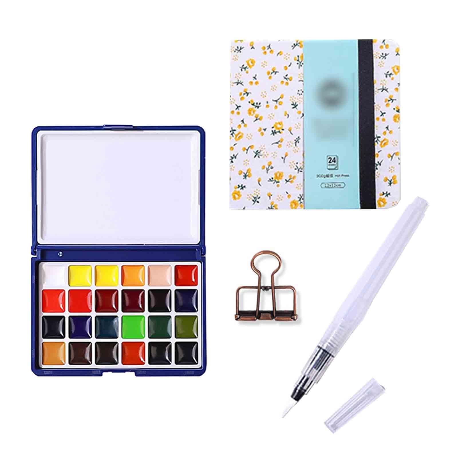 Anfänger Aquarellfarben Tragbar 12/24 Farben Mini Aquarell Set All-In-One Für Kunst Studenten Pocket Aquarell Set Solid Für Camping(Blue-24 colours-4pcs A)