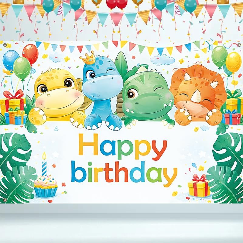 Happy Birthday Dinosaur Theme Banner (71x43 Inches), Large Party Backdrop for Yard Fence Patio Decoration, Four Cute Dinosaurs Outdoor Backdrop