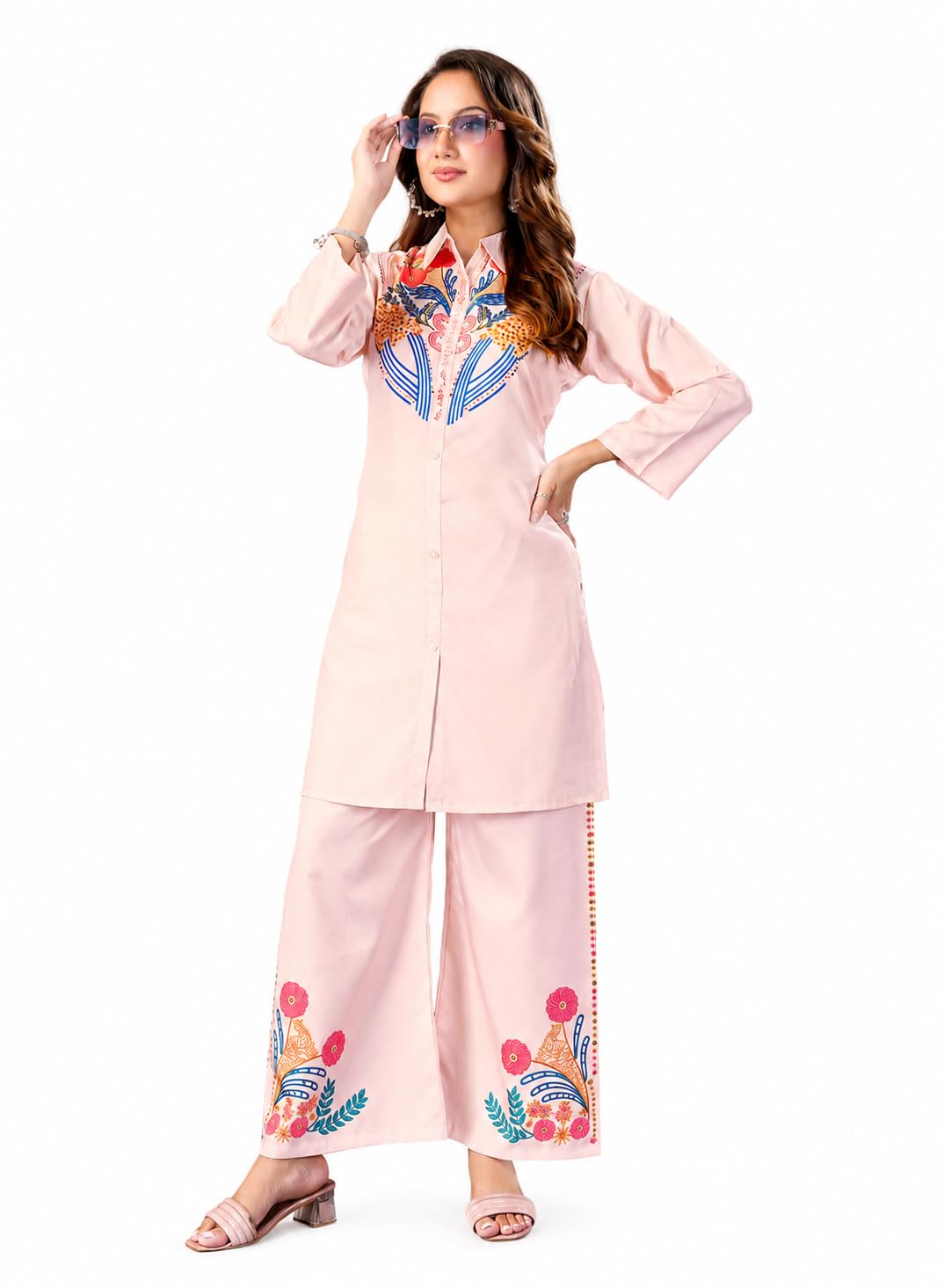 Women's Peach Rayon Printed Co-Ord Set with Palazzo | Floral Print Casual Shirt & Pants Set | Full Sleeve-image-24