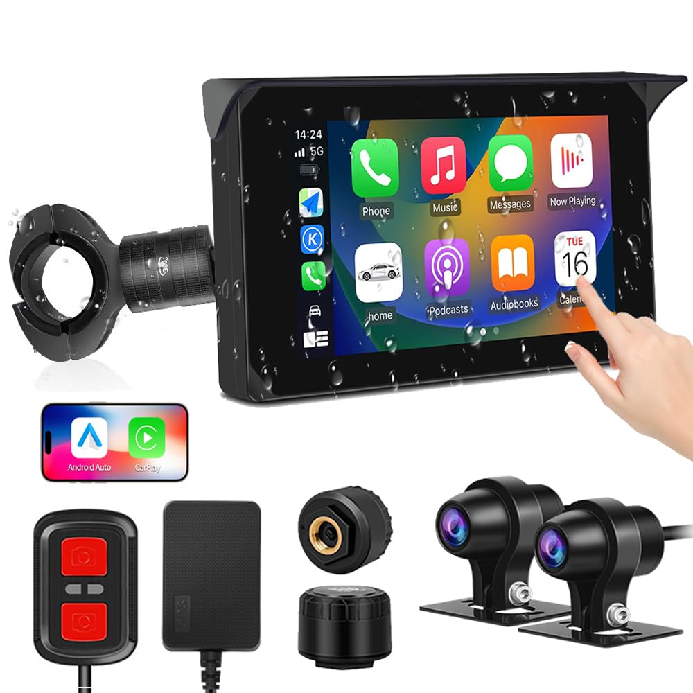 VSYSTO 5 Pollici motocicletta Carplay Touchscreen, Wireless Carplay e Android Auto,Navigazione GPS,sensori di pressione pneumatici,WiFi motocicletta Dash Camera 1080P fotocamera anteriore e posteriore