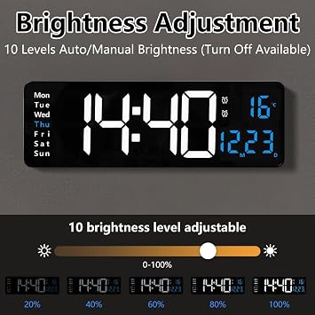 16 Large Digital Wall Clock, LED Digital Wall Clock with Remote Control, Date Week Temperature Display, 10-Level Dimmer, Dual Alarms, Wall Clock for Living Room Office Kitchen Gym (Blue)