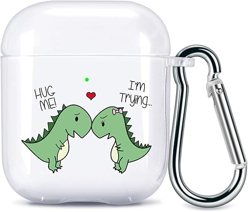 Funda transparente suave para AirPod 1 y 2 con clip de mosquetón para llavero, funda de dinosaurio para parejas, funda transparente para auriculares