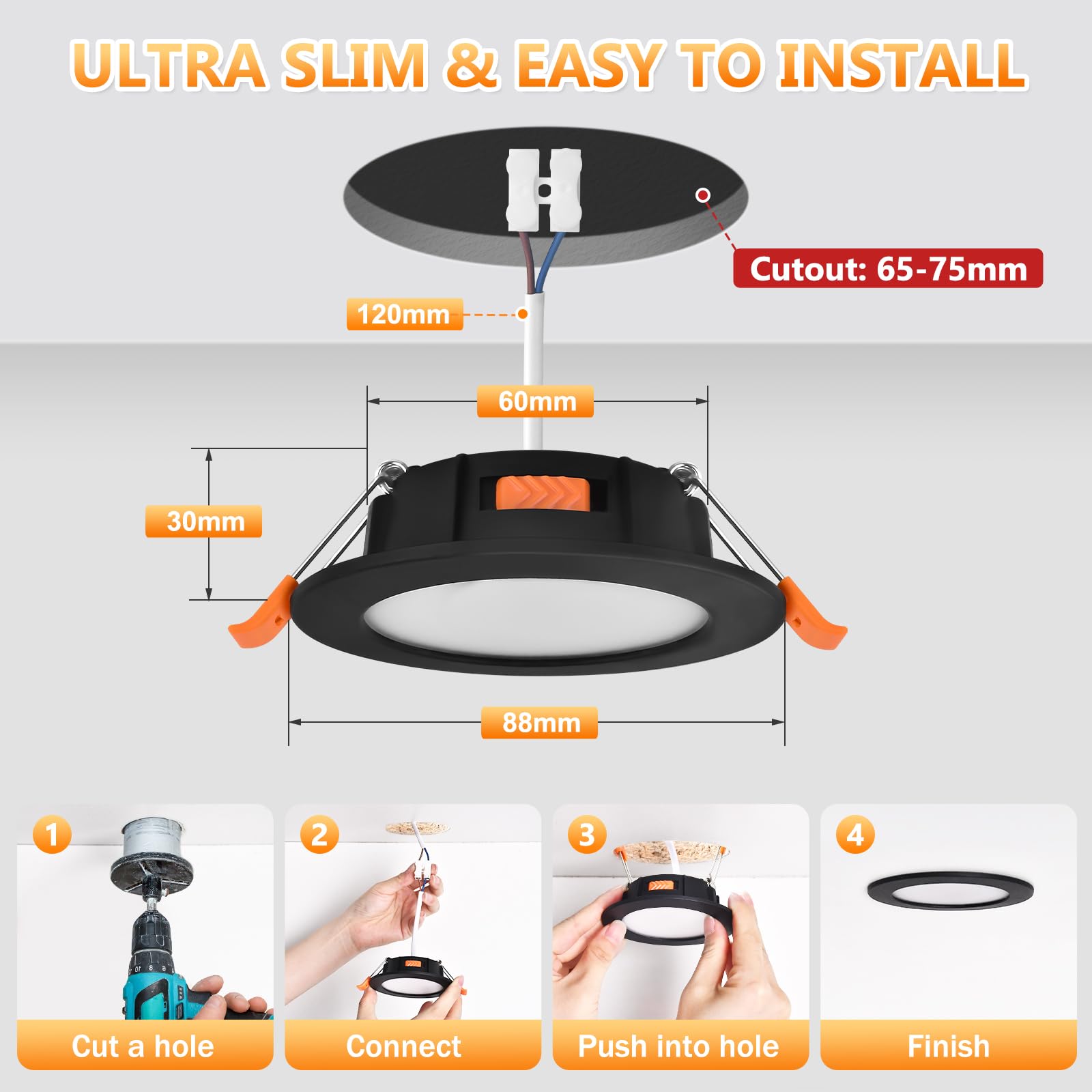 YindaLux Einbaustrahler LED 230V Dimmbar 5W 550LM Schwarz Flach IP44 68mm 10er Set