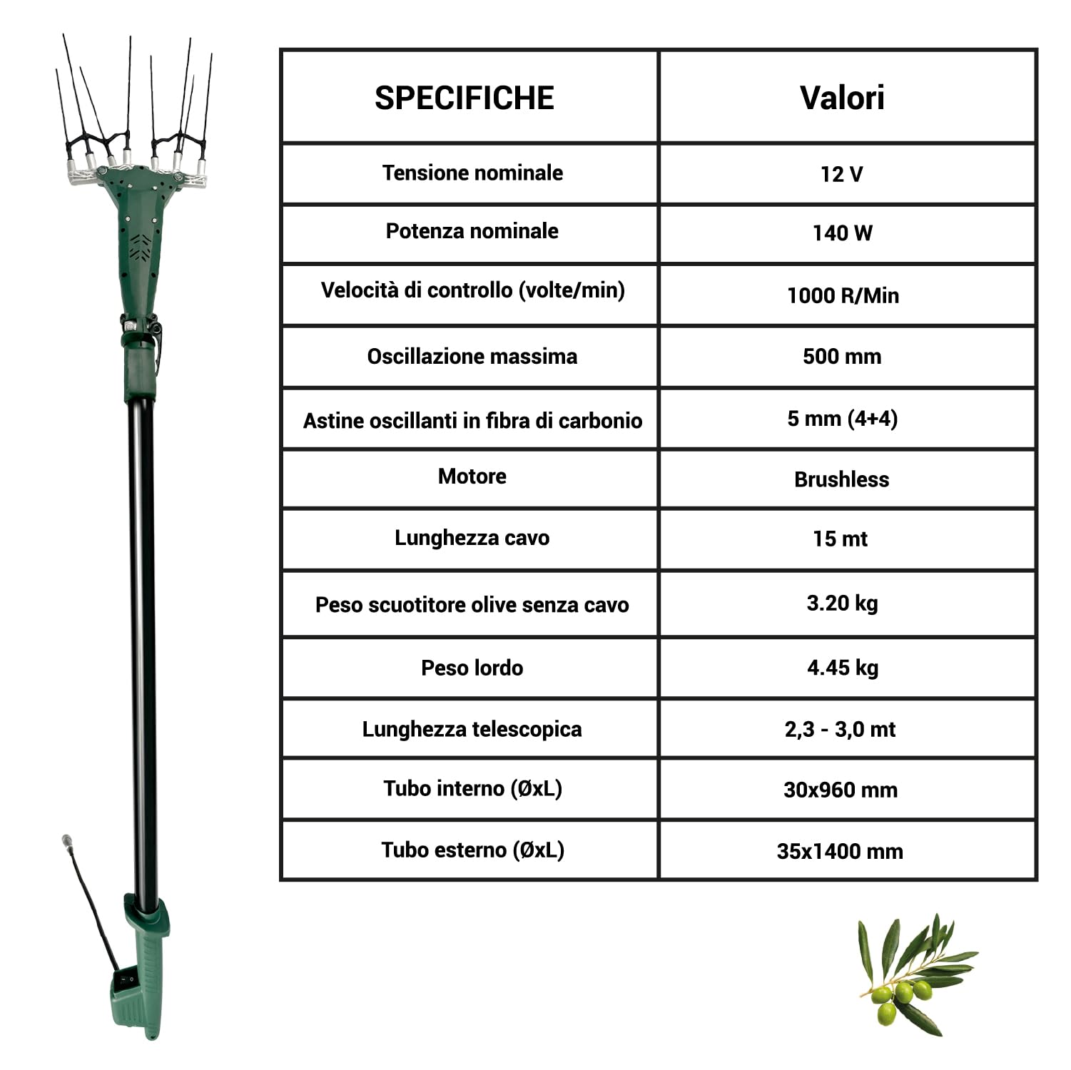 Crisalide® Vareador eléctrico para aceitunas TWIST-12 – Agitador 12 V 140 W Brushless con barra telescópica 2,3 – 3,0 m, peines de fibra de carbono y cable de 15 m – Recolector de aceitunas
