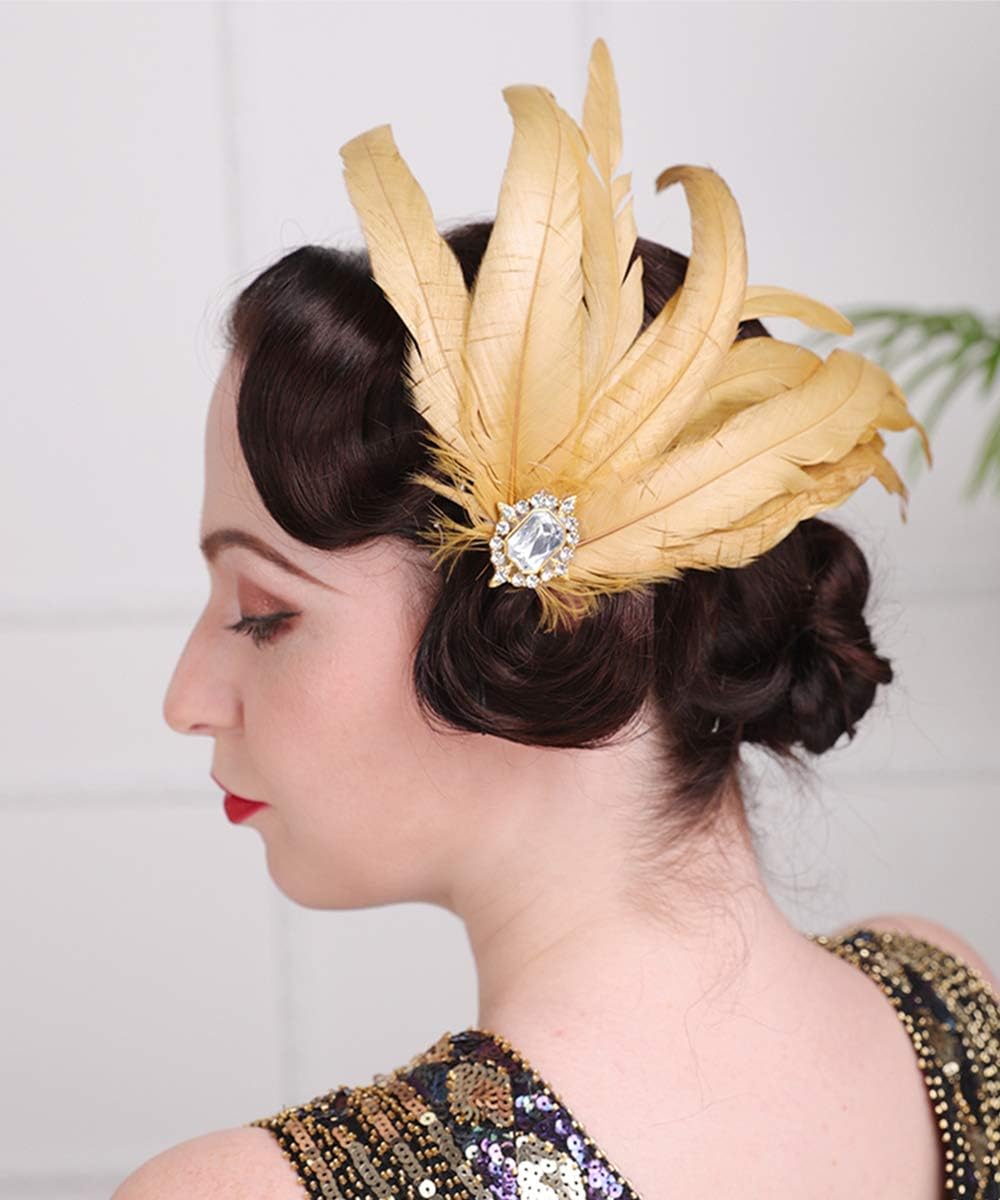 Anglacesmade 1920s Flapper Feather Hair Clip Crystal Roaring 20s Headpiece Masquerade Gatsby Hair Jewelry for Women and Girls