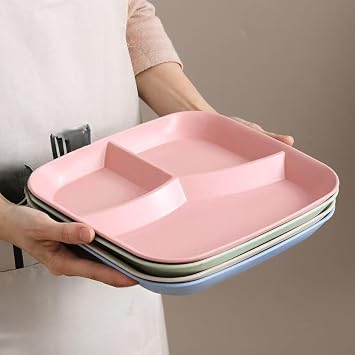 Three-Compartment Square Dinner Plate, Straw & PP Healthy Meal Divider for Salad Fruit Portion Control, 25x23cm Modern Kitchen Dining Serveware for Home Breakfast Lunch(beige)