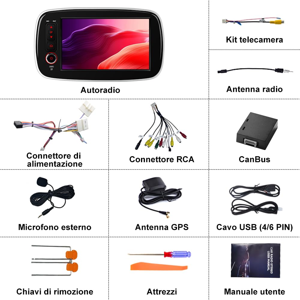 Android 15 Autoradio CarPlay Android Auto per Mercedes Benz Smart 453 Fortwo 2014-2020, 8 Pollici Car Radio con Bluetooth FM RDS Comandi al volante