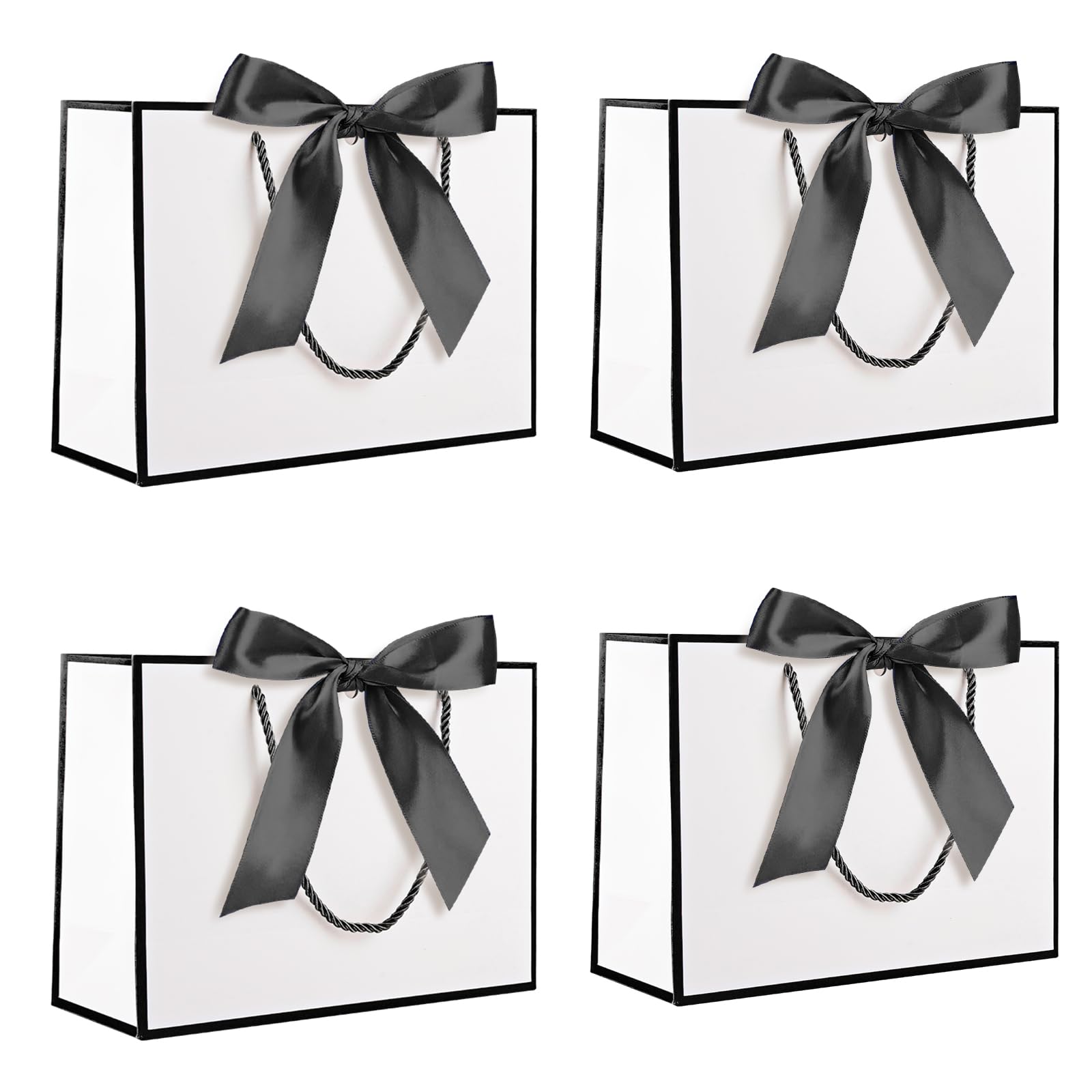 Yiran 4Pcs Medium White Black Gift Bag with Greeting Handles and Ribbon for Girls Boys Wedding Party Christmas Valentines Wrapping Bag Decorations Supplies — image 1
