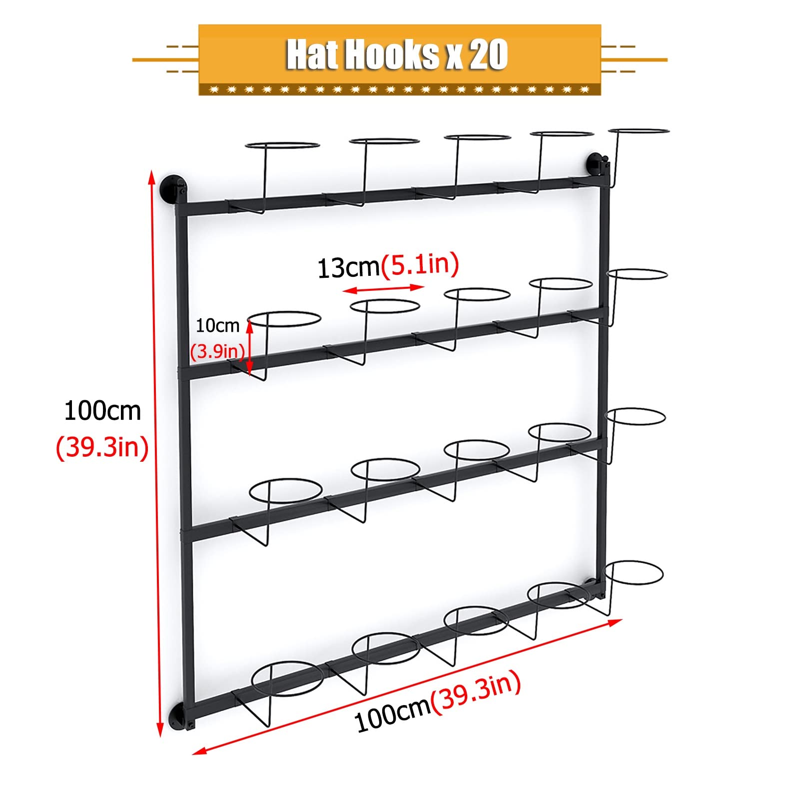Perchero de pared metálico para gorras de béisbol, 4 niveles, para pelucas y gorras, con ganchos móviles, 100 cm de alto, negro, blanco y dorado, fácil de instalar (largo blanco), blanco, largo: 100