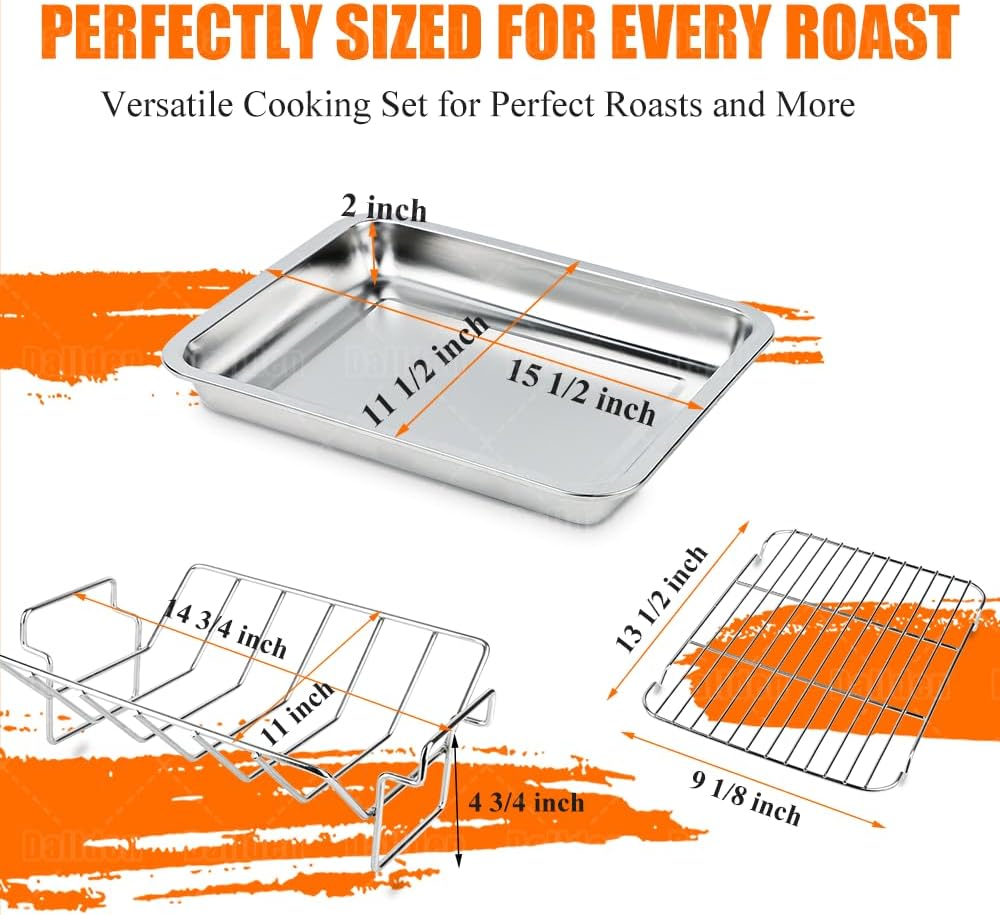 Roasting Pan with U & Flat Cooling Rack, 15.5 Inch Roaster Pan for Turkey Chicken, Stainless Steel Turkey Roasting Pan for Oven, 6 PCS Set with Meat Claws Brush, Dishwasher Safe