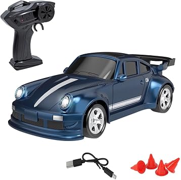 1/64 Scale Mini RC Drift Car for Adults, 2.4G 4WD Drift Car Model with Charging Cable and Barrier, A Unique Birthday Gift for Rc Hobbyists and Collectors Blue