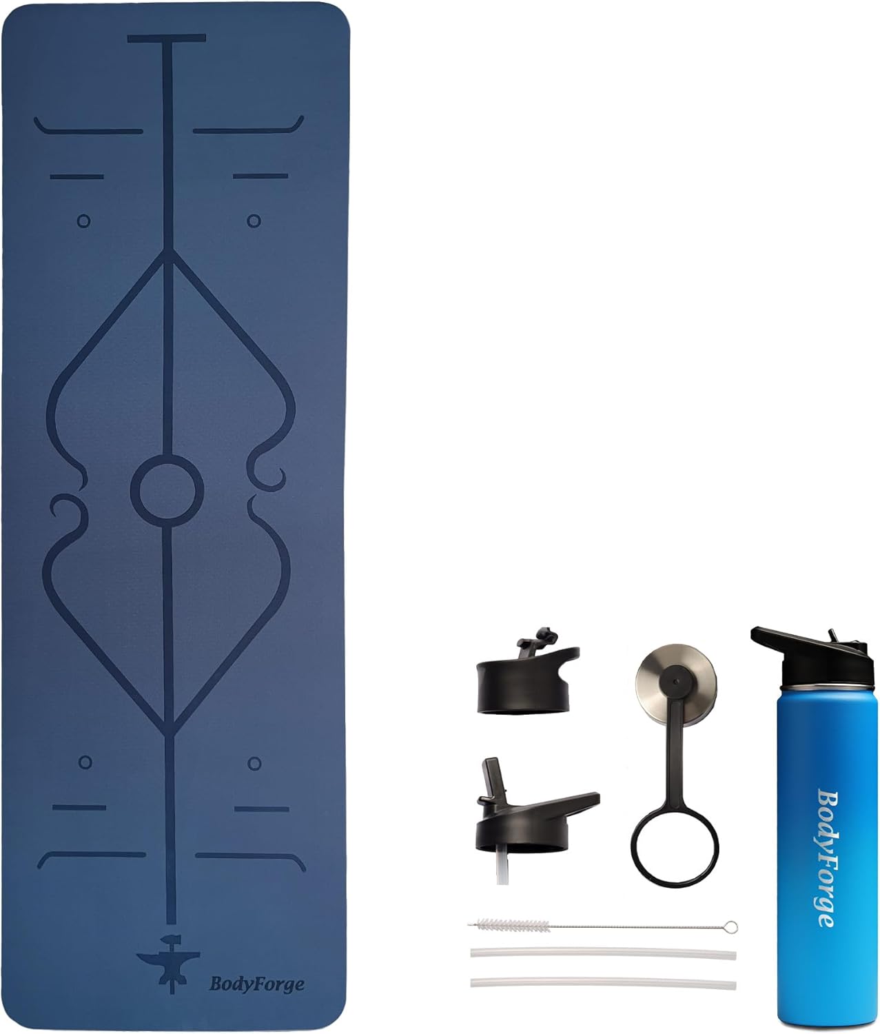 BodyForge Yoga Thick Exercise Mat TPE Eco-Friendly Alignment Marks Non-Slip Women Men Workout Pilates & Sports Water Bottle 24oz 3 Lids Leak-Proof Stainless-Steel Double Wall Insulated (Blue)