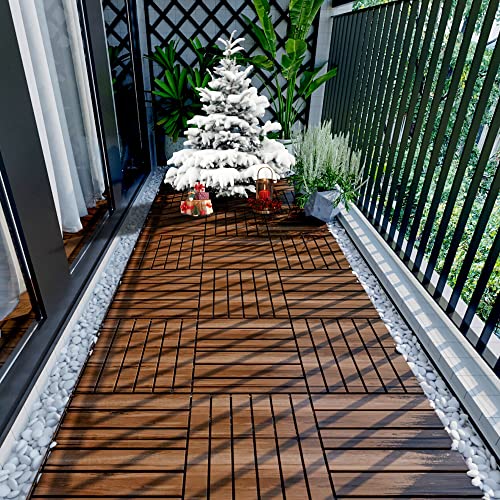 Interlocking Patio Deck Tiles Waterproof Wood Floor Tiles 10 Pcs Balcony Flooring Tiles For Porch Poolside Balcony Backyard, Indoor And Outdoor Used, 12"X12", Brown #TOP4